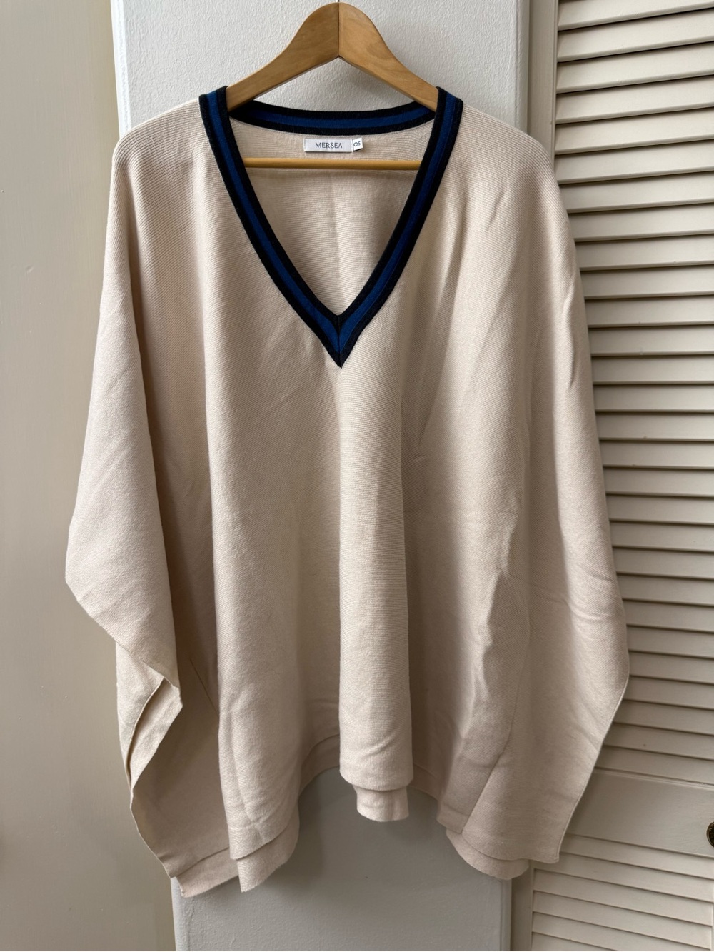 Mersea Cream V-Neck Sweater poncho with Navy & Blue Trim